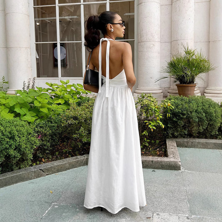 Damen Elegantes Maxikleid mit tiefem V-Ausschnitt und fließendem Schnitt Drune