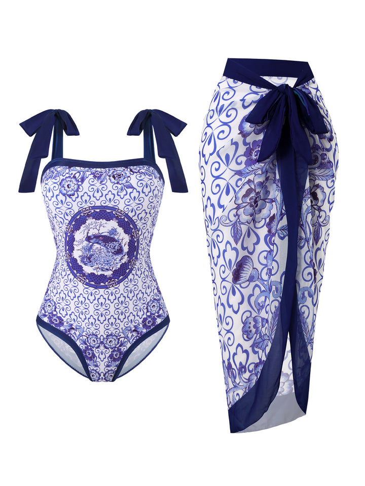 Damen Badeanzug mit floralem Design und transparentem Wickelrock Drune