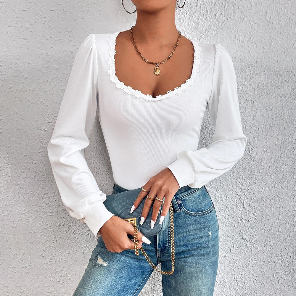 Damen Feinstrick-Bodyshirt mit herzförmigem Carmen-Ausschnitt Spitzenbordüre und leichten Puffärmeln Drune