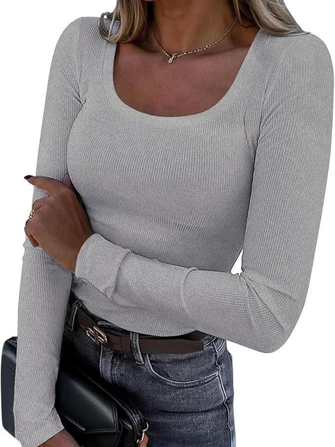 Damen Figurnahes geripptes Longsleeve mit weitem Quadratausschnitt und Stretch-Material Drune
