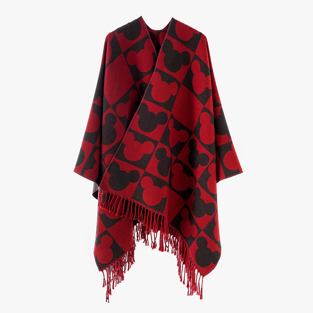 Damen Oversize-Poncho mit Fransen und figurativem Jacquardmuster aus Wollmix Drune