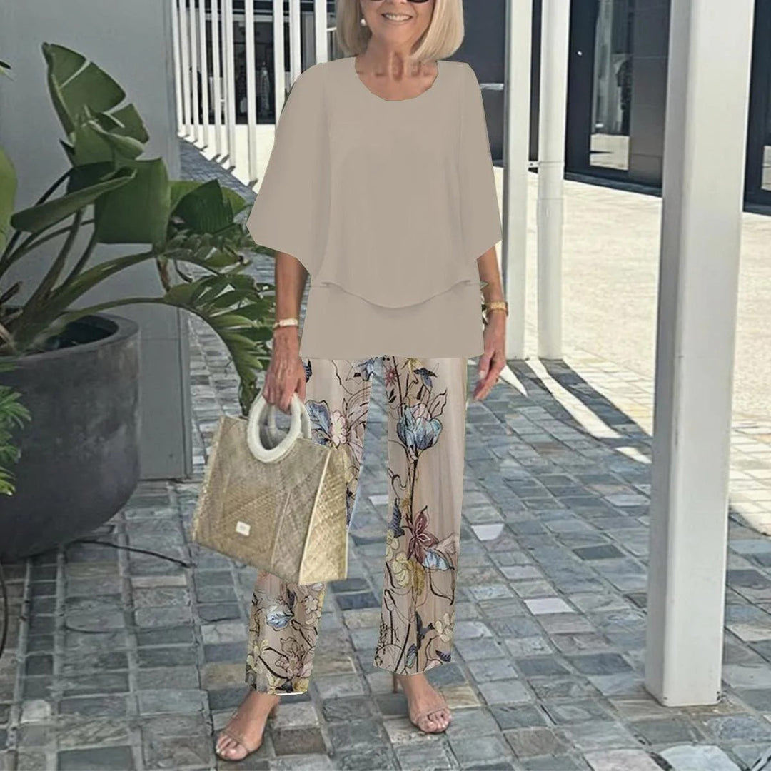Damen nan Lagen-Tunika mit Cape-Ärmeln und knöchellanger Geradebeinhose mit Grafikprint Drune