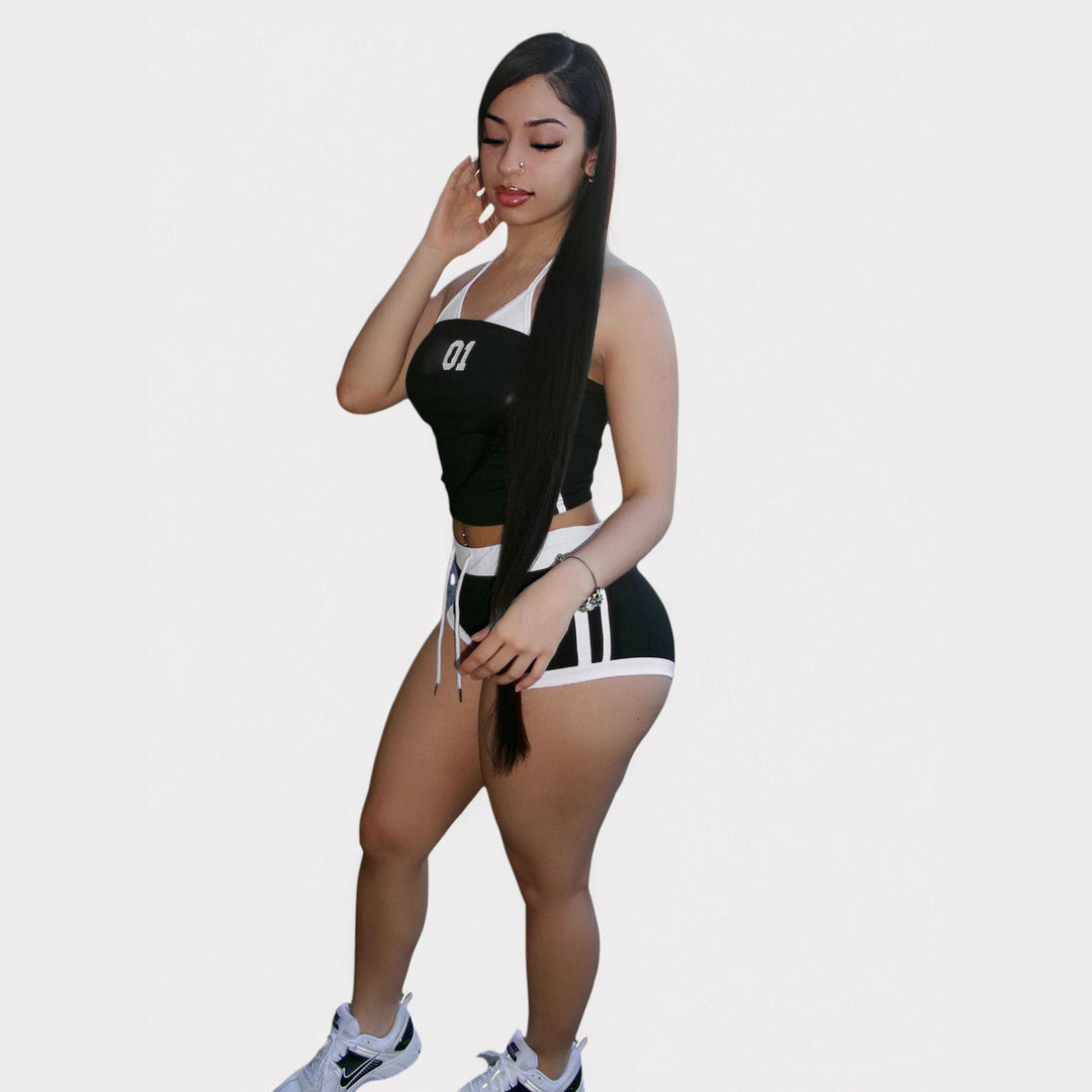 Damen sportliches Crop-Top und Shorts Set mit dekorativem Bindeband Drune