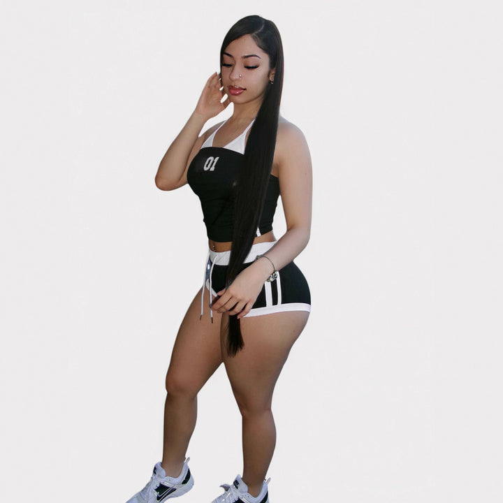 Damen sportliches Crop-Top und Shorts Set mit dekorativem Bindeband Drune