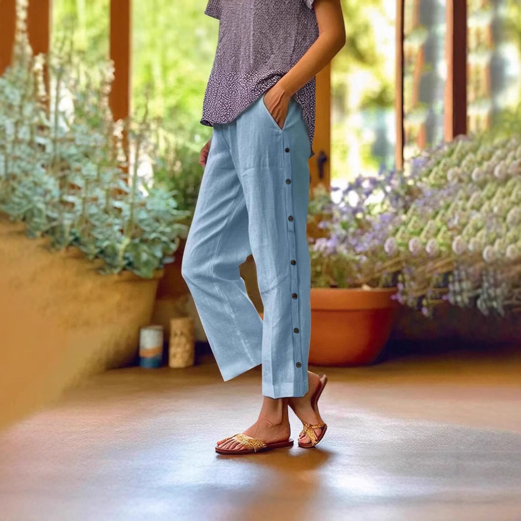 Damen Leichte Leinenmix-Hose mit seitlicher Knopfleiste und geradem Cropped-Schnitt Drune