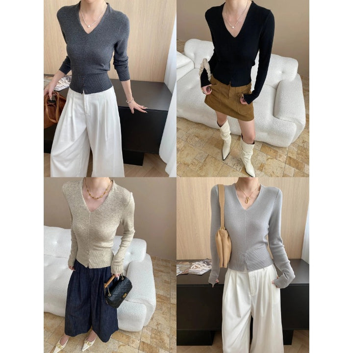 Damen feiner V-Ausschnitt Strickpullover mit Knopfleiste und schmalem Schnitt Drune
