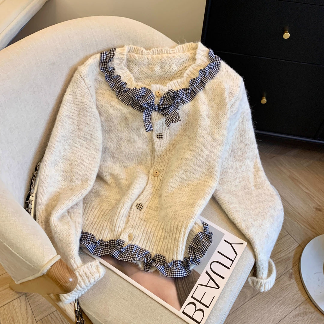 Damen Strickjacke mit Rüschen und eleganter Schleife Drune