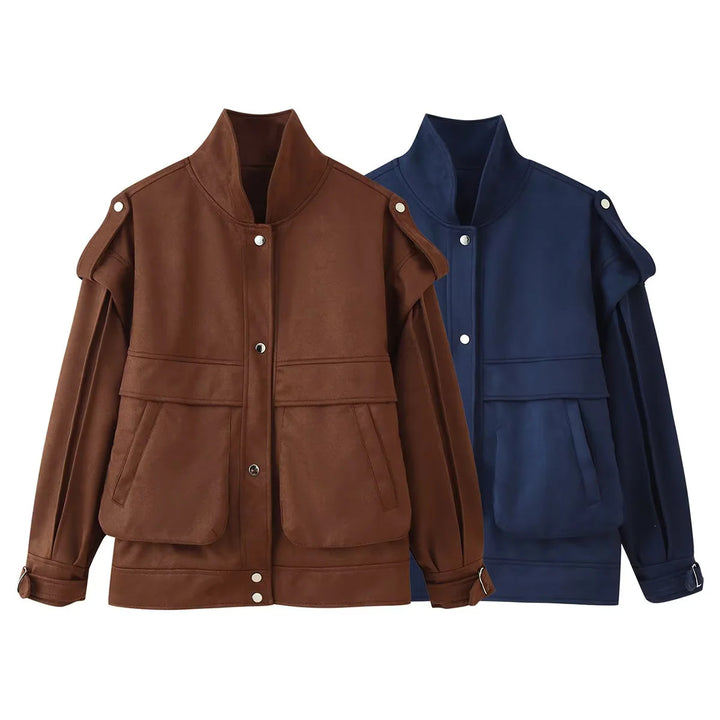 Damen nan Utility-Jacke aus Veloursimitat mit Stehkragen, Pattentaschen und verstellbaren Manschetten Drune