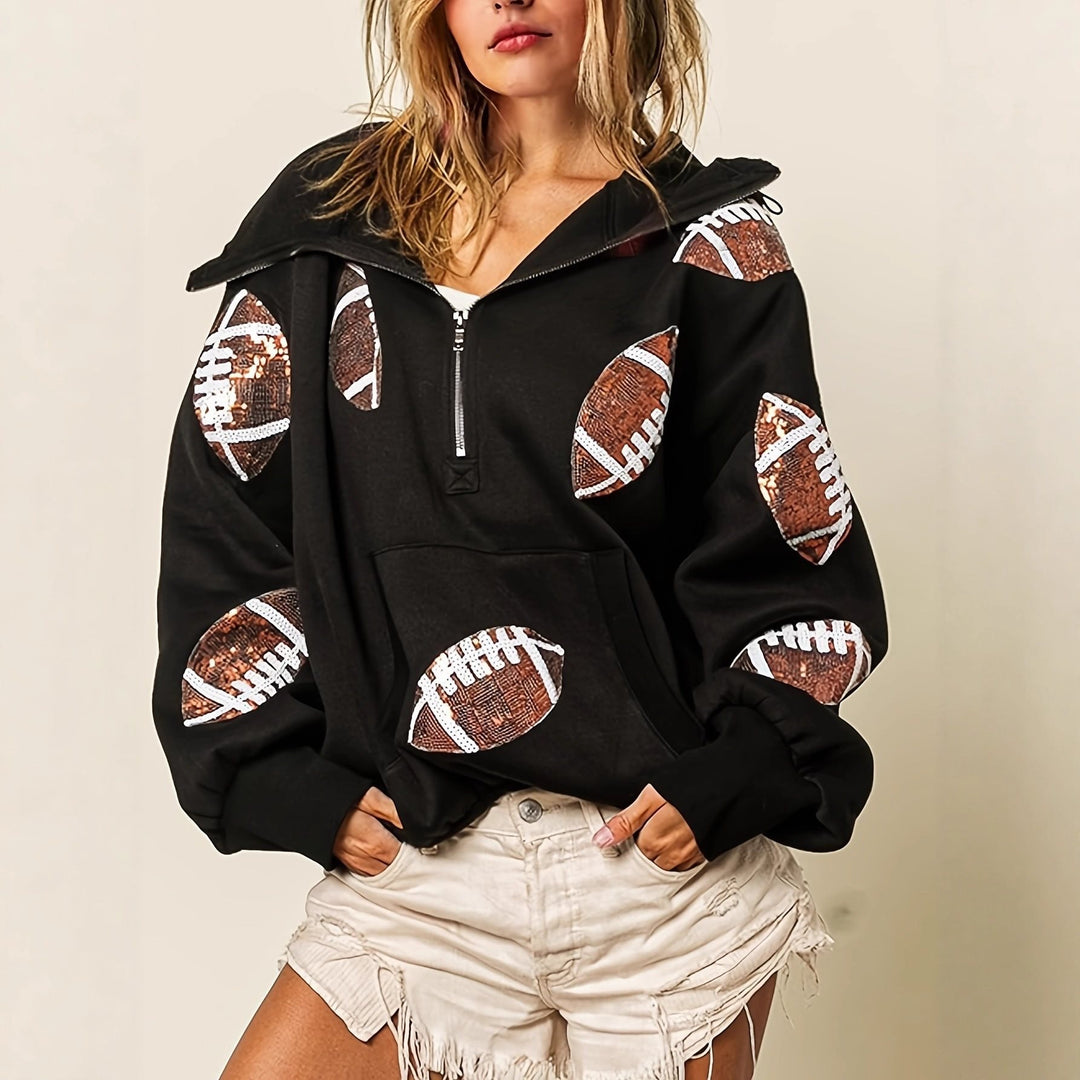 Damen Oversized Kapuzenpullover mit halbem Reißverschluss und Pailletten‑Football-Applikation Drune