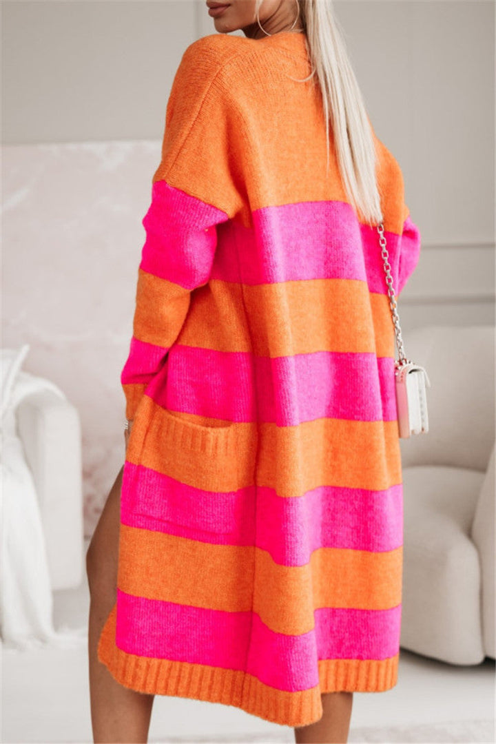Damen lässiger Strickmantel mit großen Streifen Drune
