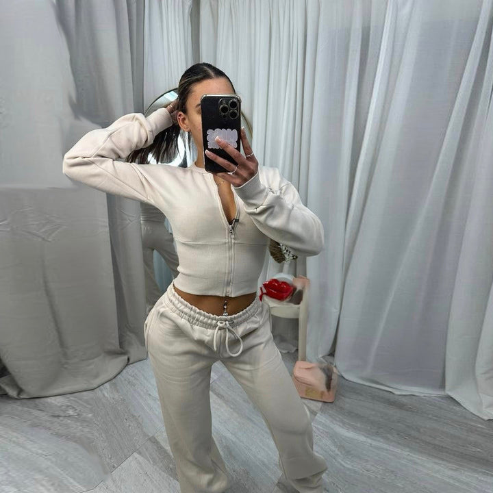 Damen cropped Kapuzenjacke und entspannte Jogginghose Set Drune