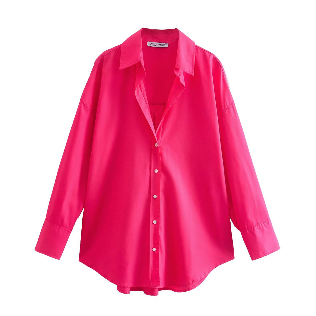 Damen nan oversized Longbluse mit Kentkragen, durchgehender Knopfleiste und abgerundetem Saum Drune