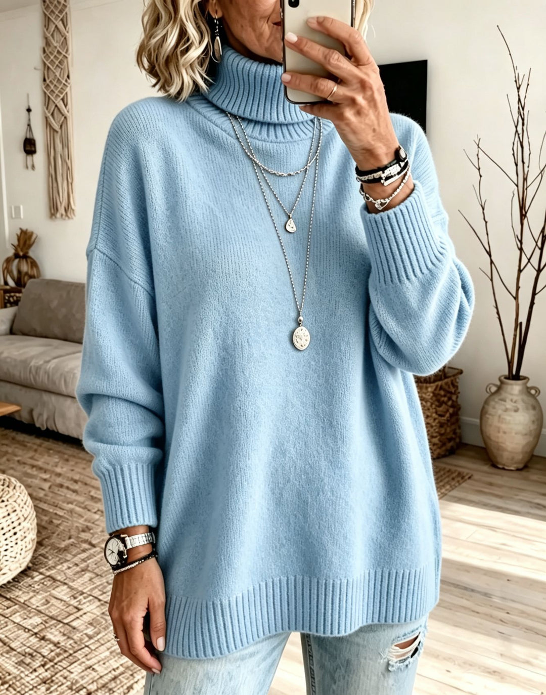 Damen Oversize Rollkragenpullover aus Feinstrick mit gerippten Bündchen und überschnittener Schulter Drune