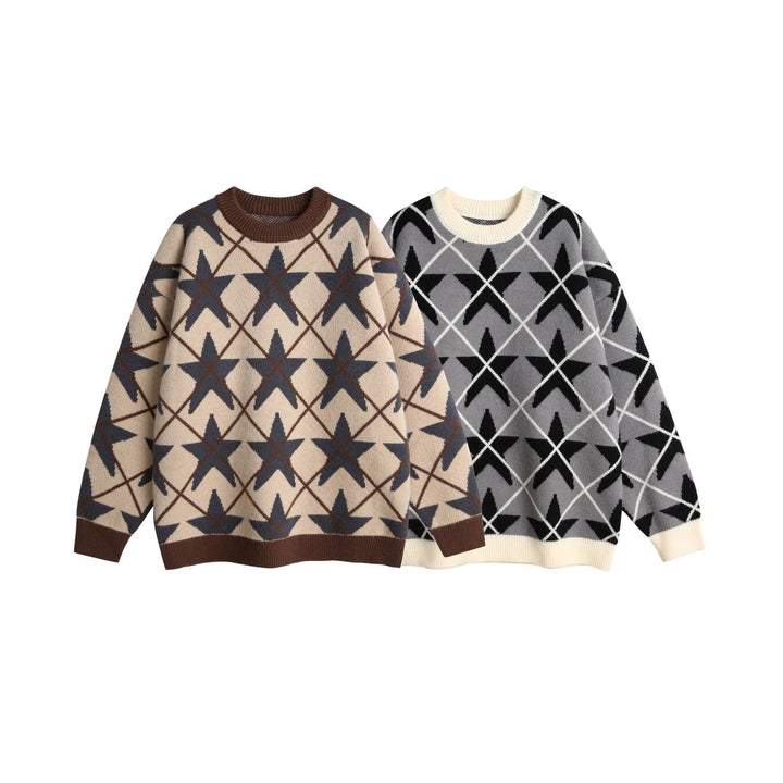 Unisex Grobgestrickter Rundhals-Pullover mit Stern‑Jacquard Drune