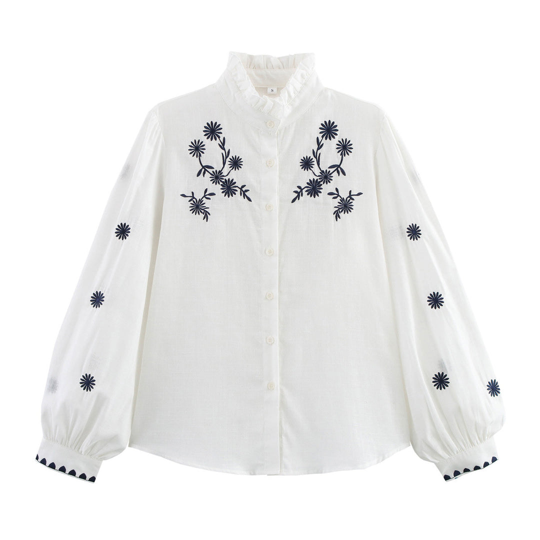 Damen Bestickte Bluse mit Stehkragen und langen Ärmeln Drune