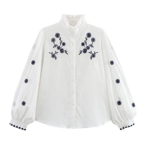 Damen Bestickte Bluse mit Stehkragen und langen Ärmeln Drune