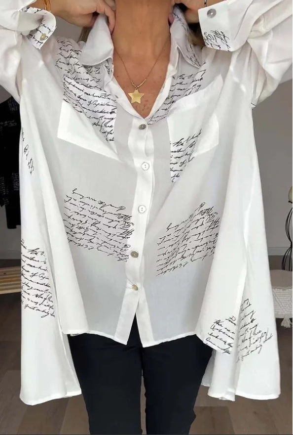 Damen Oversize Hemd Bluse aus leichtem Chiffon mit Text-Patch-Druck und aufgenähter Brusttasche Drune