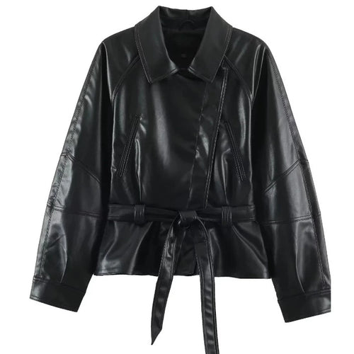 Damen Kurzjacke aus veganem Leder mit Taillengürtel und überschnittenen Schultern Drune