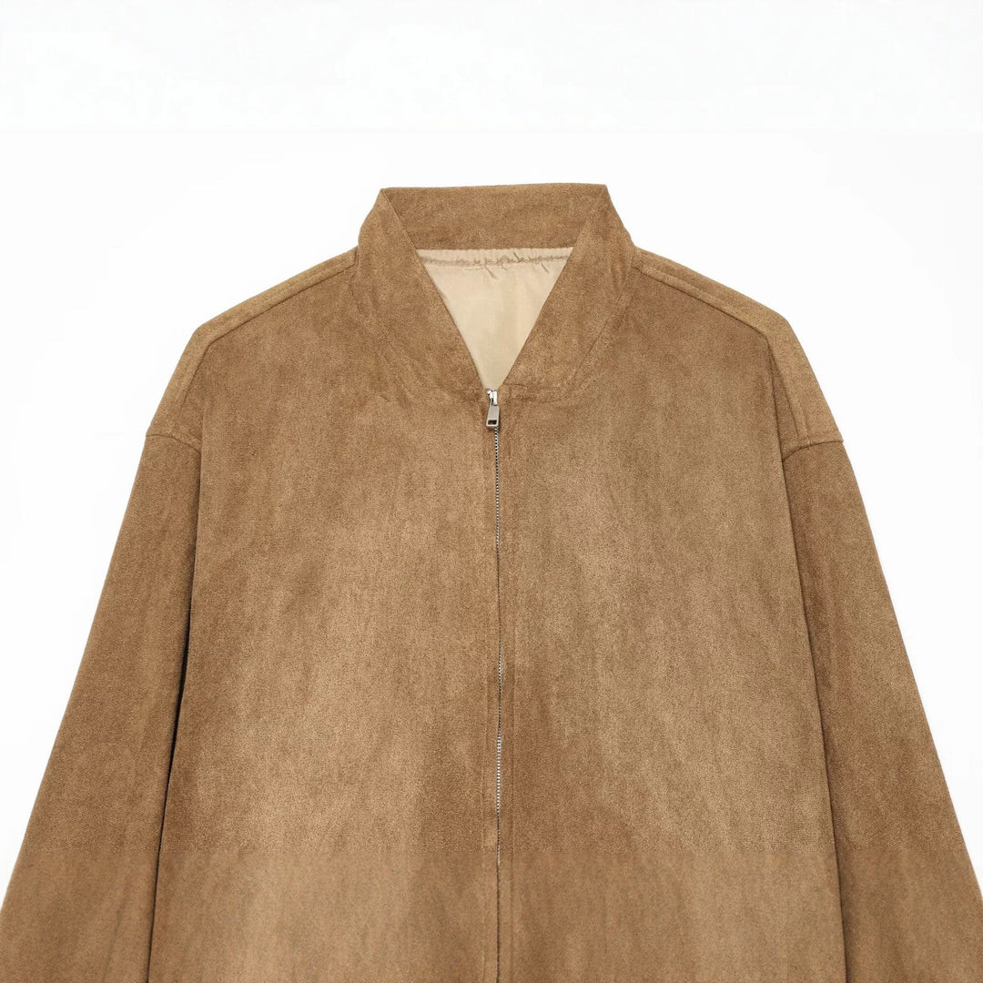 Damen Lässige Oversize Bomberjacke aus Veloursleder-Optik mit Stehkragen und Eingrifftaschen Drune