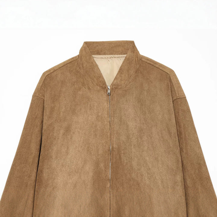 Damen Lässige Oversize Bomberjacke aus Veloursleder-Optik mit Stehkragen und Eingrifftaschen Drune