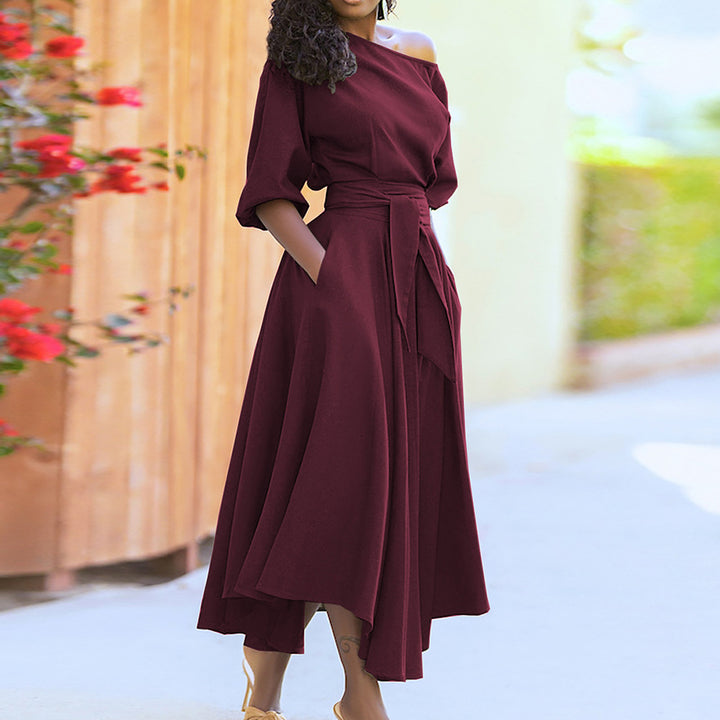 Damen Elegantes Maxi-Kleid mit schulterfreiem Design und Gürtel Drune