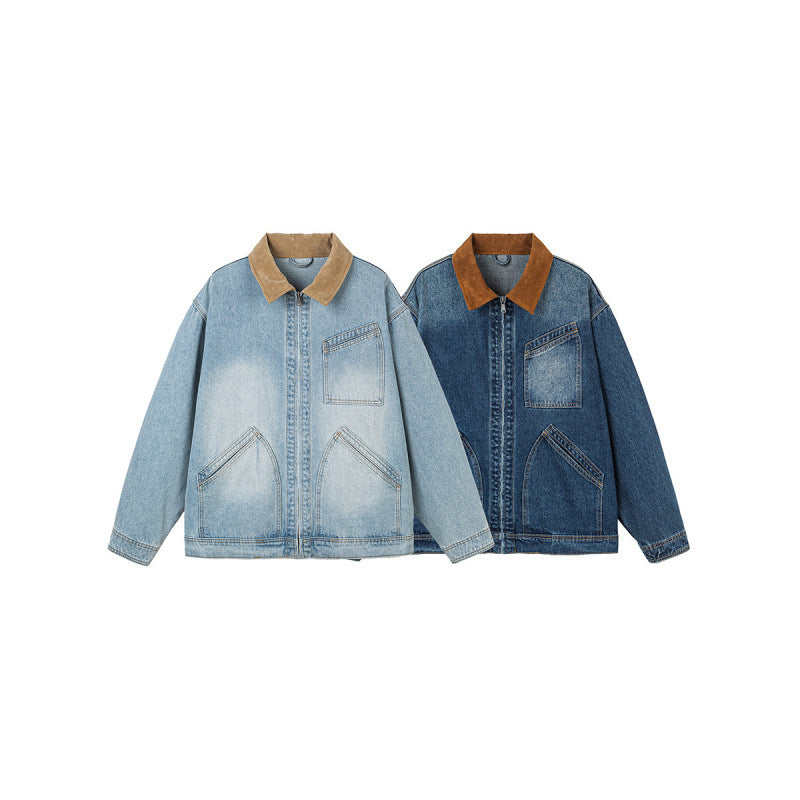 Herren Boxy-Denimjacke im Worker-Stil mit Cordkragen und Frontreißverschluss Drune