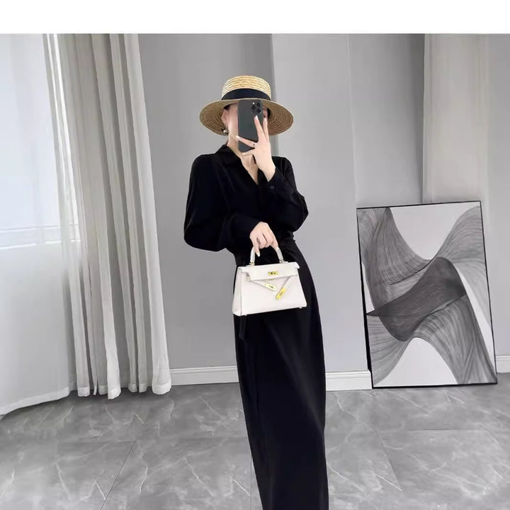 Damen Langärmliges Wickel‑Maxikleid mit Taillengürtel und V‑Ausschnitt Drune