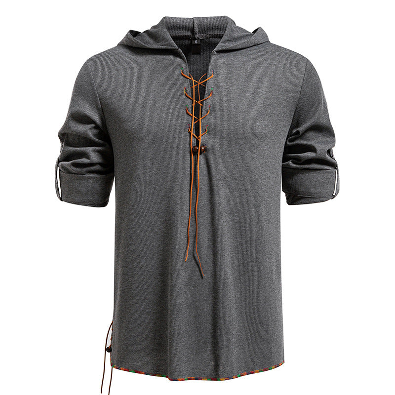 Herren Leichtes Kapuzen-Langarmshirt mit Schnürfront und aufrollbaren Dreiviertel-Ärmeln Drune