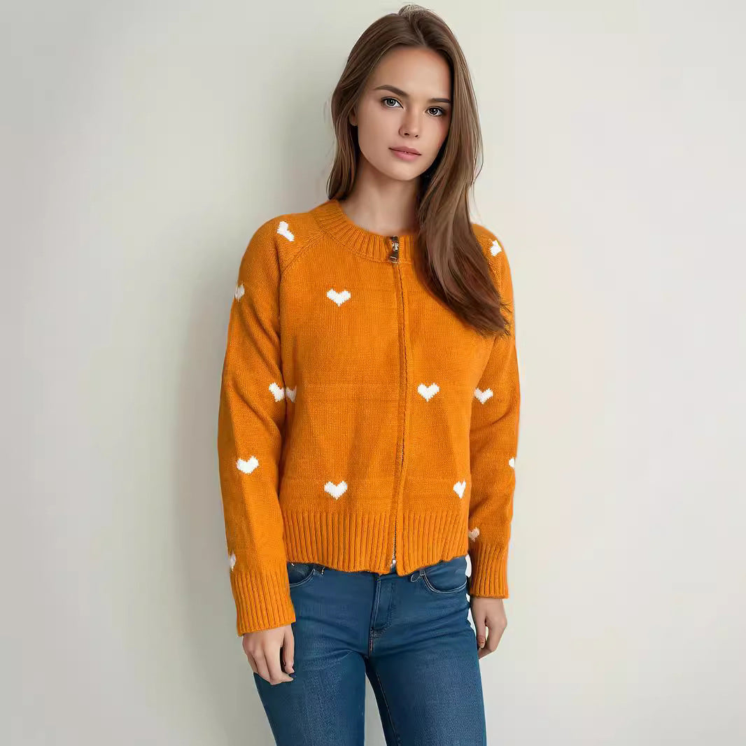 Damen modischer Strickcardigan mit Herzmuster und Reißverschluss Drune