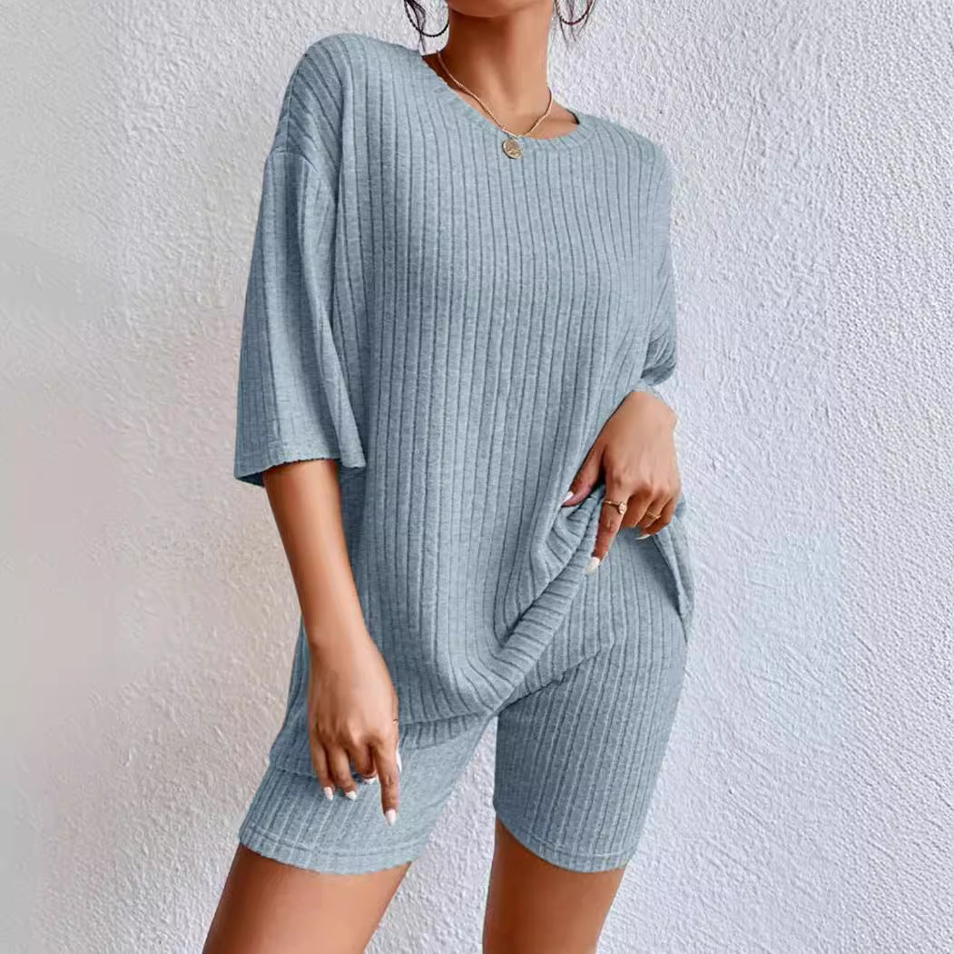 Damen komfortables Kurzarm Set mit Rippstrick und relaxed Schnitt Drune