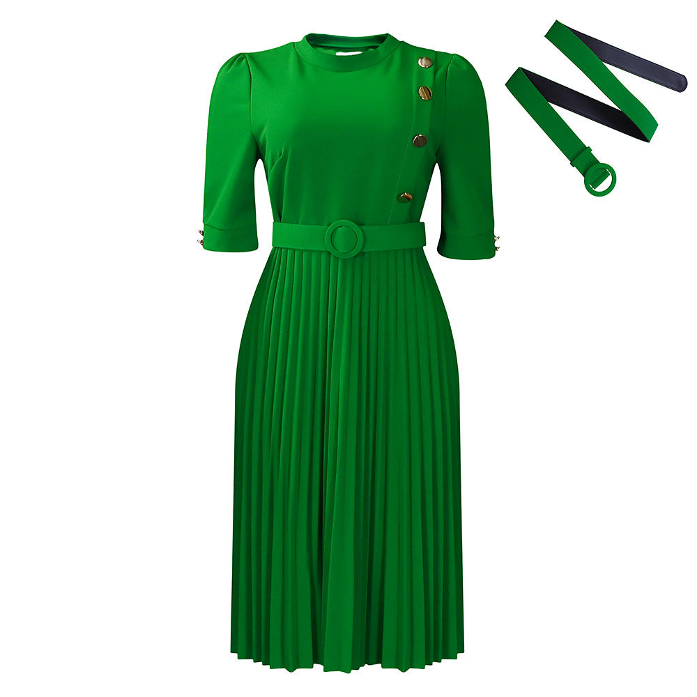 Damen Plissee Kleid mit taillierter Silhouette und modischen Knopfdetails Drune