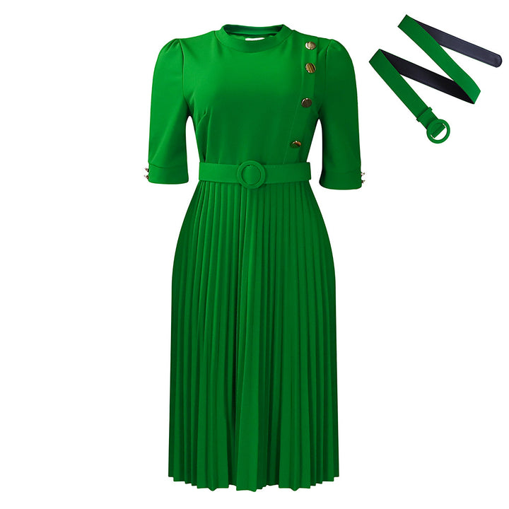 Damen Plissee Kleid mit taillierter Silhouette und modischen Knopfdetails Drune
