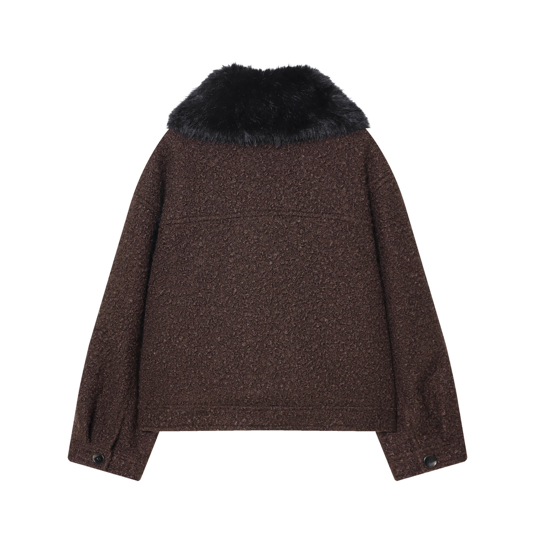 Damen nan cropped Bouclé‑Jacke mit abnehmbarem Kunstfellkragen, kastiger Silhouette und Pattentaschen Drune