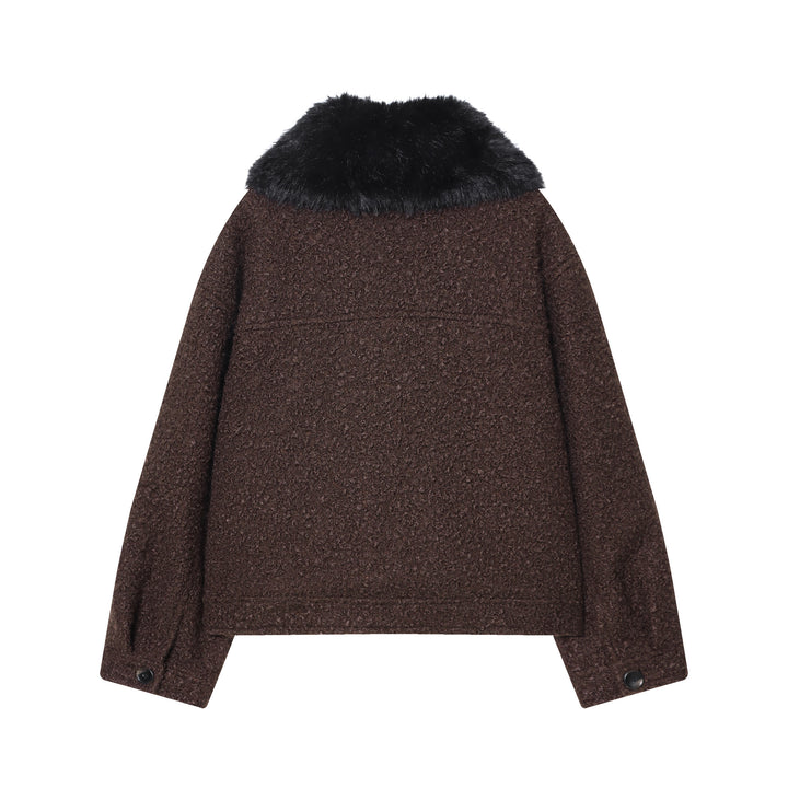 Damen nan cropped Bouclé‑Jacke mit abnehmbarem Kunstfellkragen, kastiger Silhouette und Pattentaschen Drune