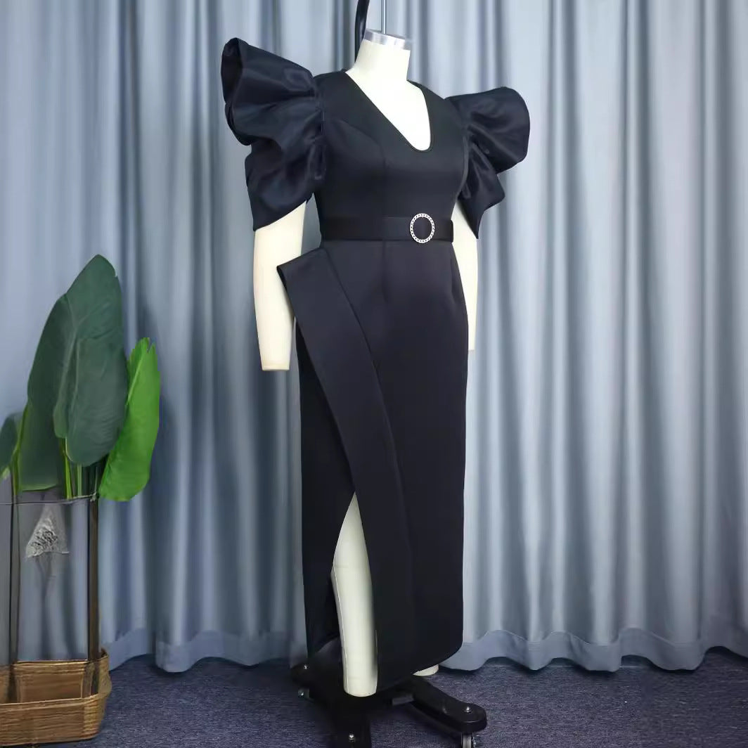Damen elegantes Abendkleid mit voluminösen Puffärmeln und tailliertem Gürtel Drune
