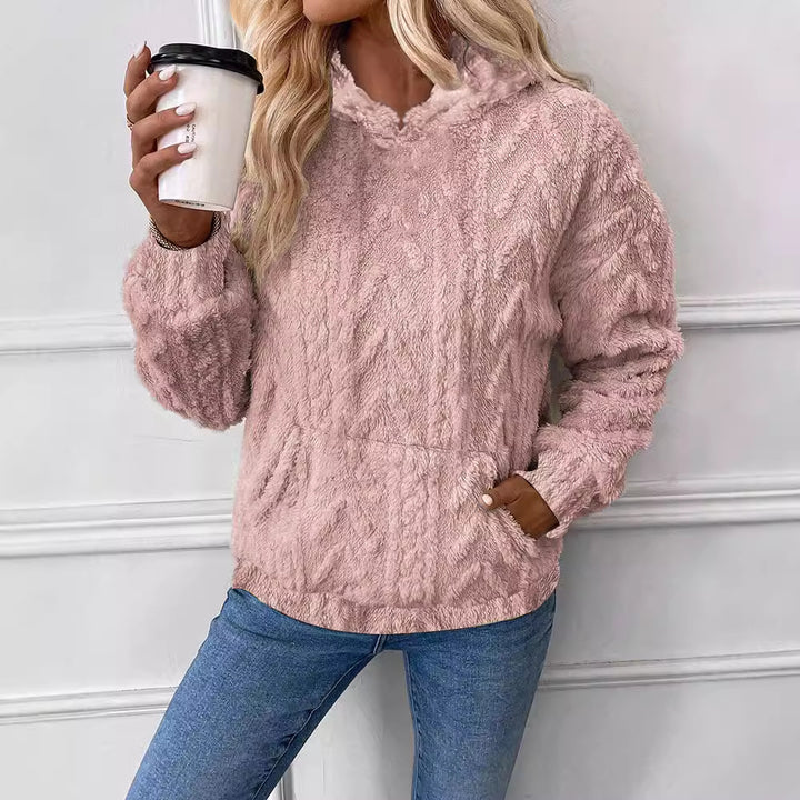 Damen nan kuscheliger Teddyfleece-Pullover mit Kängurutasche und leichtem Stehkragen Drune