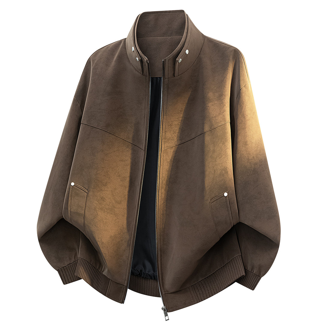 Unisex Oversize Suede‑Optik Bomberjacke mit Stehkragen, verdecktem Reißverschluss & Eingrifftaschen Drune