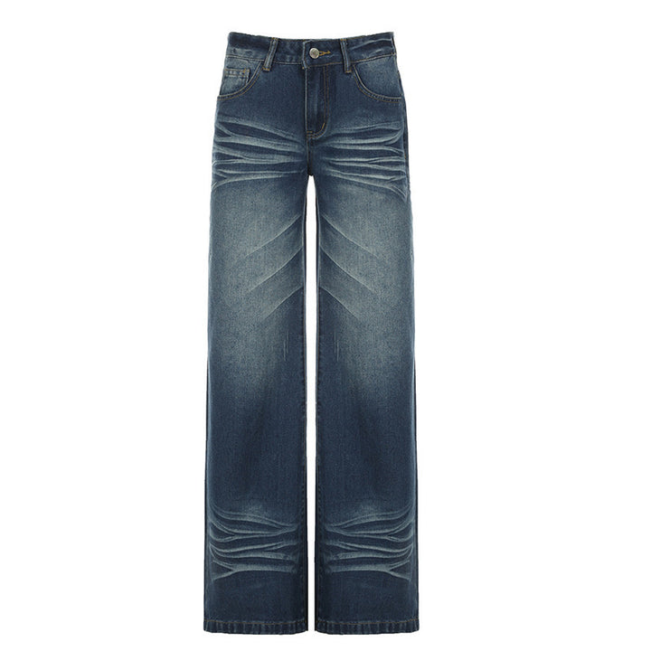 Damen Weite High‑Waist Denim-Jeans mit Used‑Effekt und geradem Bein Drune