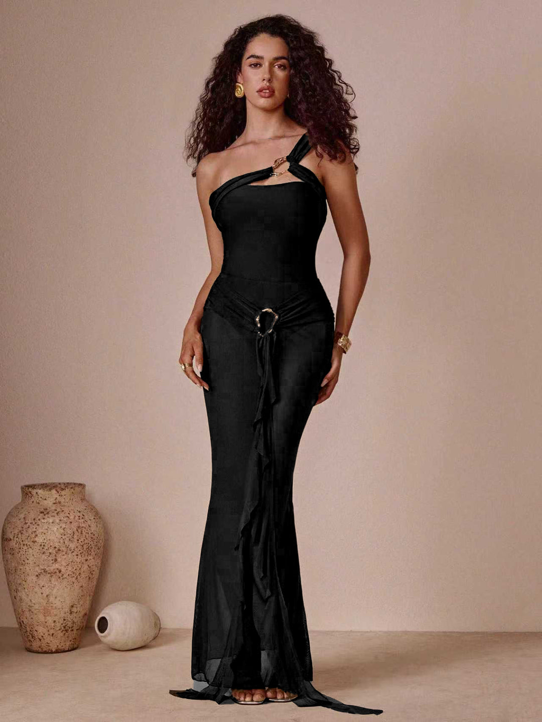 Damen Elegantes One-Shoulder Maxikleid Drune