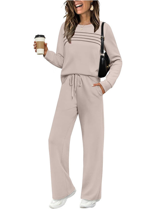 Damen Zweiteiliges Lounge-Set mit Plissee-Detail, Rundhals-Sweatshirt und weitem Kordel-Hose Drune