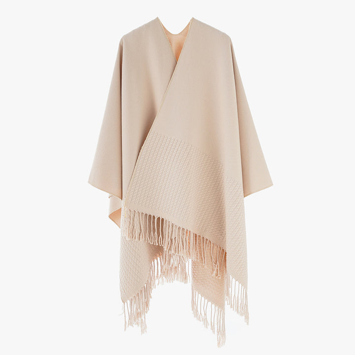 Damen Minimalistischer Wollmix-Capeponcho mit V‑Ausschnitt und Fransen Drune
