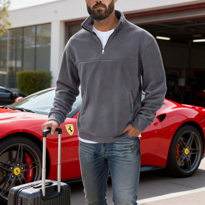 Herren warmer Fleece-Halbzip-Pullover mit Stehkragen, Kängurutasche und Relaxed Fit Drune