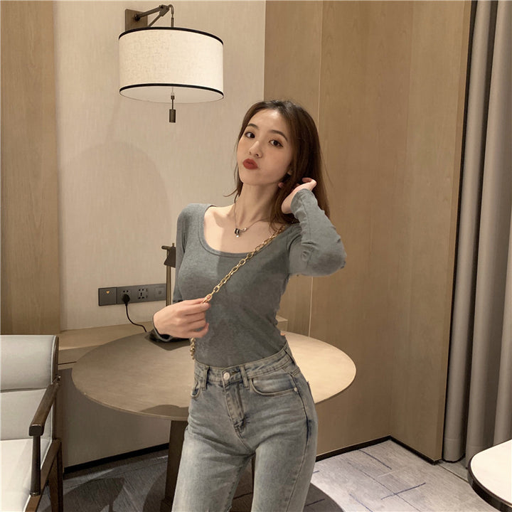 Damen Langarm-Bodysuit mit tiefem Ausschnitt und figurbetontem Schnitt Drune