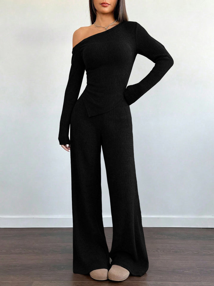 Damen Asymmetrisches Strick-Lounge-Set mit One-Shoulder-Oberteil und weitem Bein Drune