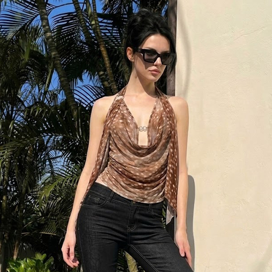 Damen modisches Wickeloberteil mit transparentem Design und langen Bändern Drune