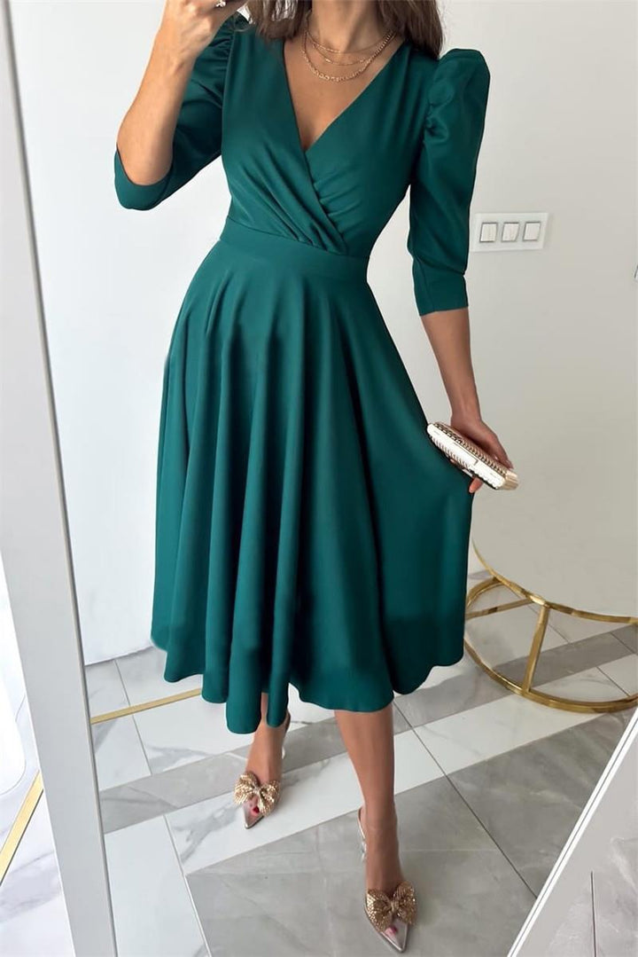 Damen Festliches A-Linien Kleid mit Puffärmeln und V-Ausschnitt Drune