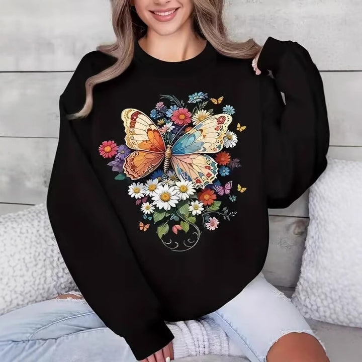 Damen Langarm Sweatshirt mit floralem Schmetterlingsdruck Drune