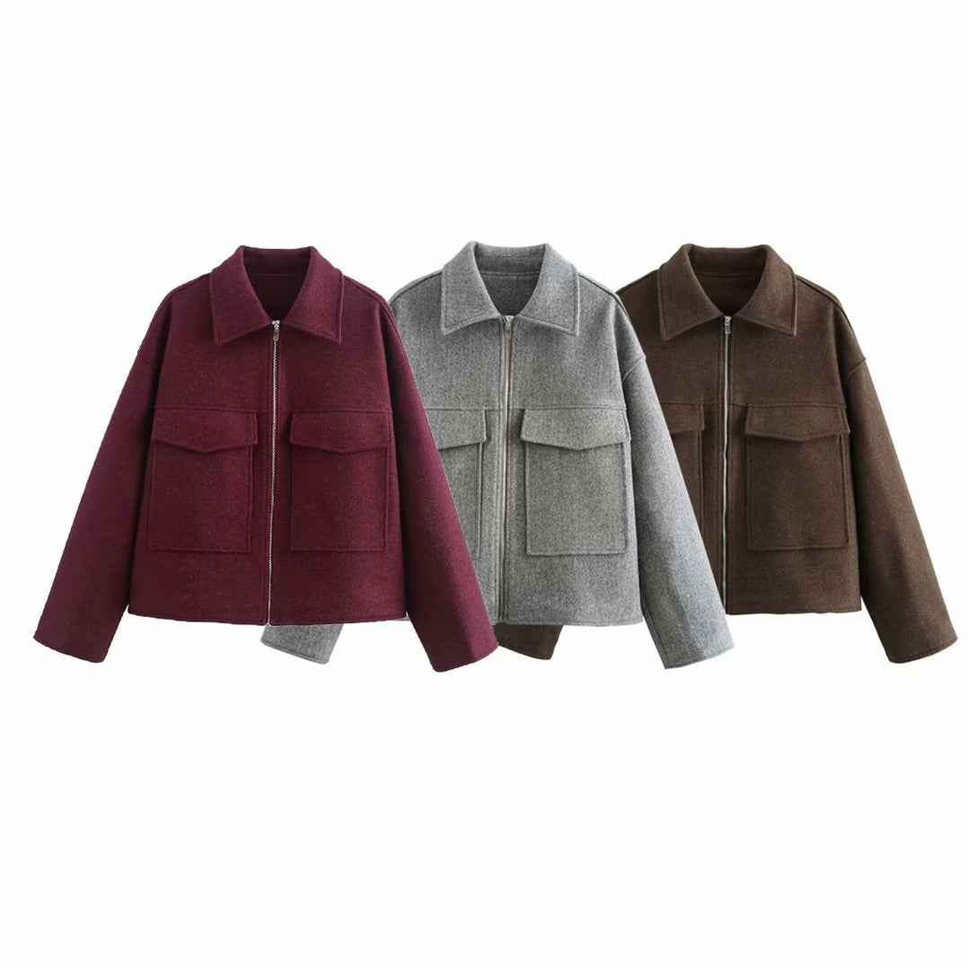 Damen Kurzjacke aus Wollmix mit großen Pattentaschen und durchgehendem Reißverschluss Drune