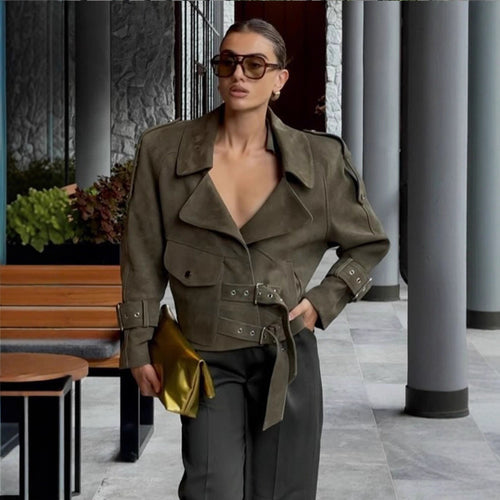 Damen Kurzjacke aus Veloursleder-Optik mit Taillengürtel, Schnallen & Oversize-Kragen Drune