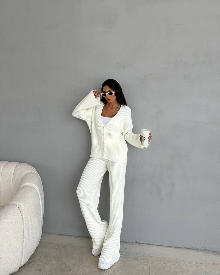 Damen Gerippter Strick‑Zweiteiler mit Oversized‑Cardigan und High‑Waist‑Sweathose Drune